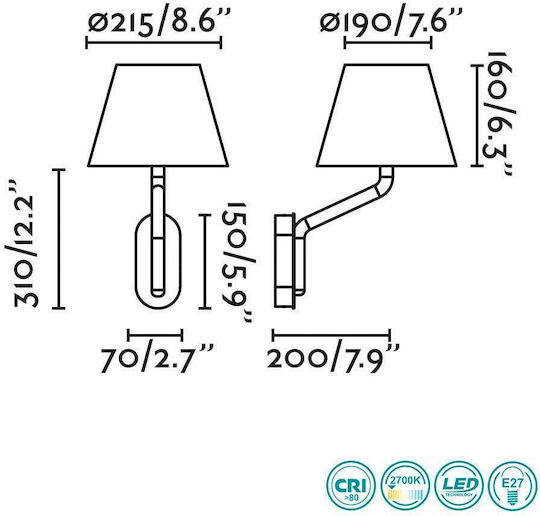 Faro Barcelona Eterna Classic Lamp Wall with Socket E27 and Switch White 21.5x29cm