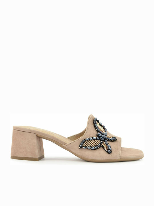 Alpe Chunky Heel Leather Mules Nude