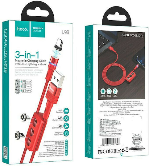Hoco Sunway U98 Braided / Magnetic USB to Lightning / Type-C / micro USB Cable 2.4A Κόκκινο 1.2m