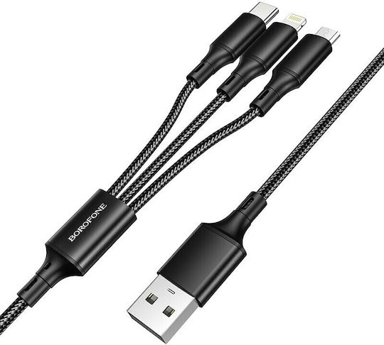 Borofone Braided USB to Lightning / Type-C / micro USB Cable Μαύρο 1m (BX50 Fresco)
