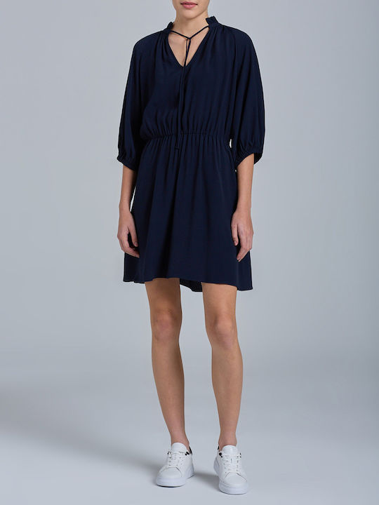 Summer Mini Dress with Ruffles Navy Blue