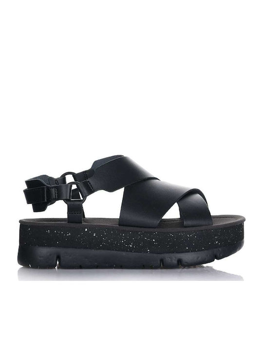 Oruga Up Leather Women's Flat Sandals Anatomic with Strap Flatforms in Black Color