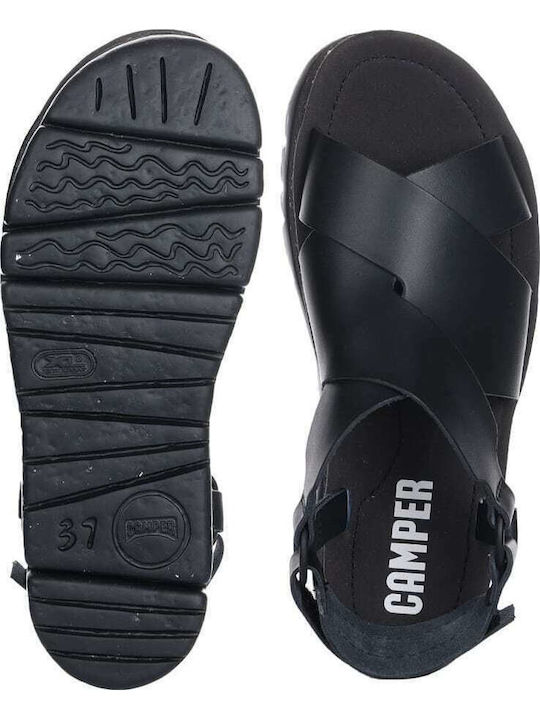 Oruga Up Leather Women's Flat Sandals Anatomic with Strap Flatforms in Black Color