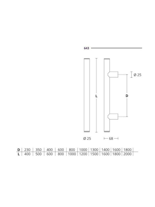 Front door handle Convex 643 Nickel Matt - stainless steel Overall length 600mm Pair