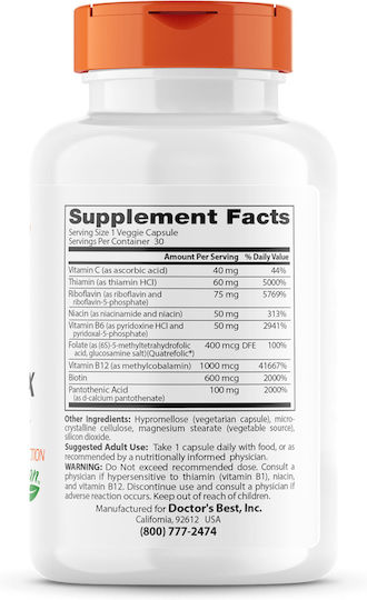 Doctor's Best Fully Active B Complex with Quatrefolic Βιταμίνη για Ενέργεια, Ενίσχυση του Ανοσοποιητικού & το Νευρικό Σύστημα 60 φυτικές κάψουλες