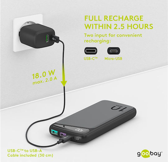 Goobay 53936 Baterie Externă 10000mAh 22.5W cu 2 Porturi de Ieșire USB-A și Port USB-C Încărcare Rapidă Neagră