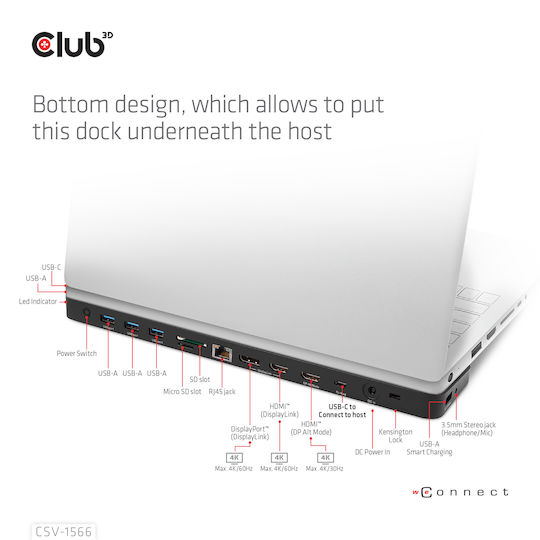 Club3D USB-C Docking Station με HDMI/DisplayPort 4K PD Ethernet Μαύρο (CSV-1566)