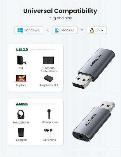 Ugreen CM383 Εξωτερική USB Κάρτα Ήχου σε Γκρι χρώμα