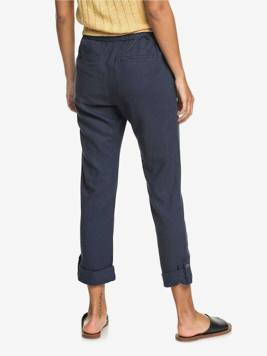 On The Seashore Women's Linen Capri Trousers with Elastic Regular Fit Navy Blue