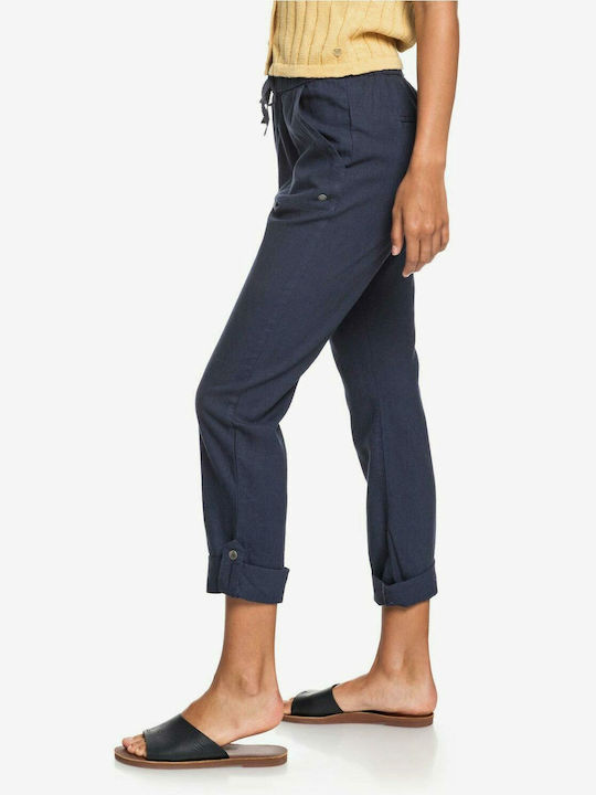 On The Seashore Women's Linen Capri Trousers with Elastic Regular Fit Navy Blue