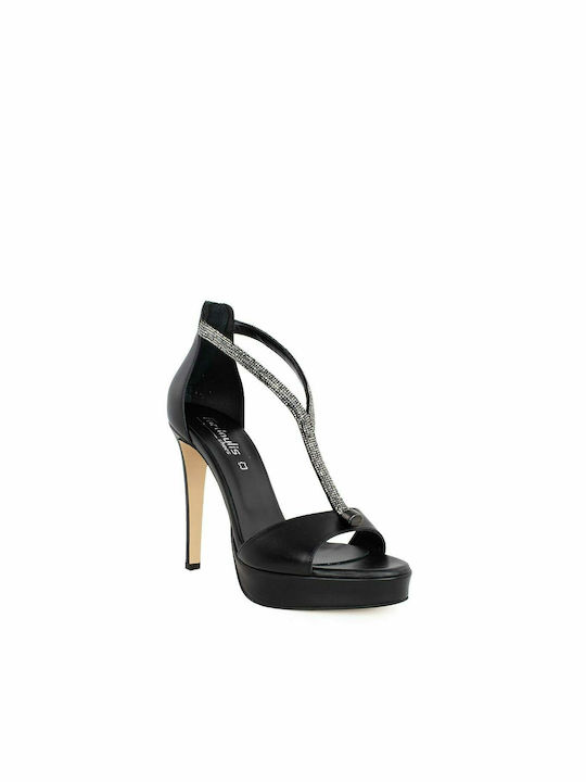 Fardoulis Platform Leather Women's Sandals Black with Thin High Heel