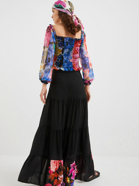 Hoch tailliert Maxi Rock Blumen Schwarz