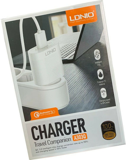 Ldnio с USB-A порт и кабел Lightning 18W Quick Charge 3.0 Бял (A303Q)