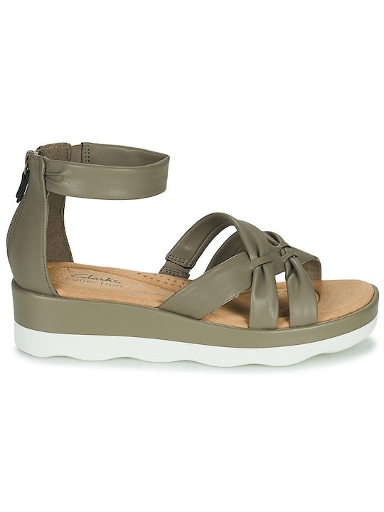 Clarks Clara Leather Women's Flat Sandals With a strap Flatforms In Khaki Colour