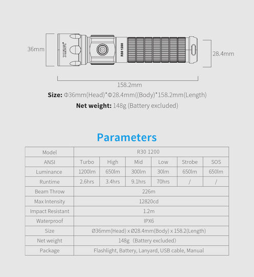 XTAR Επαναφορτιζόμενος Φακός LED IP60 με Μέγιστη Φωτεινότητα 800lm R30