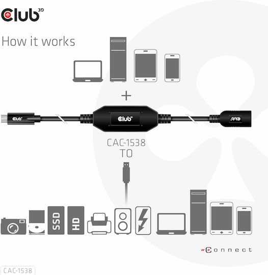 Club3D USB 3.2 Cable USB-C male - USB-A female Μαύρο 10m CAC-1538