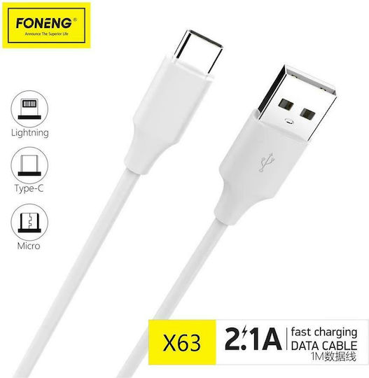 Foneng USB 2.0 Cable USB-C male - USB-A Λευκό 1m X63