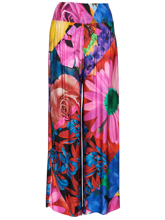 Marsella Women's High-waisted Fabric Trousers with Elastic in Palazzo Fit Floral