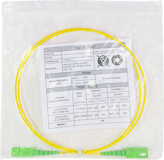 LogiLink Καλώδιο Οπτικής Ίνας SC/APC-SC/APC 1m Κίτρινο