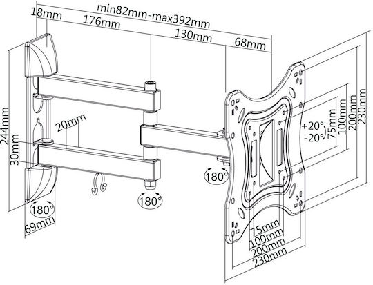 Cabletech DM-0202 Βάση Τηλεόρασης Τοίχου με Βραχίονα έως 42" και 20kg