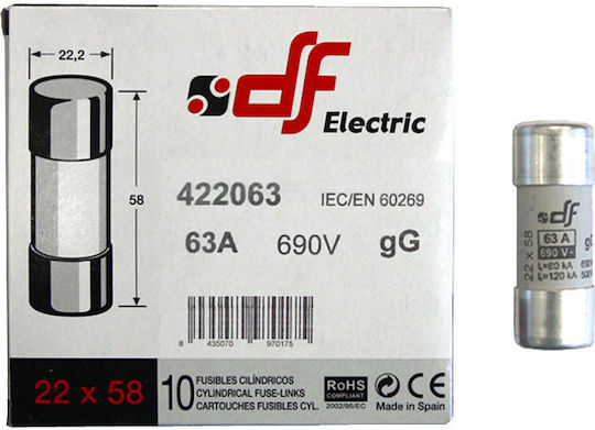 Adeleq Safety Cylindrical Porcelain Fast-Bow 22x58mm 63A (88-2063) 1pcs