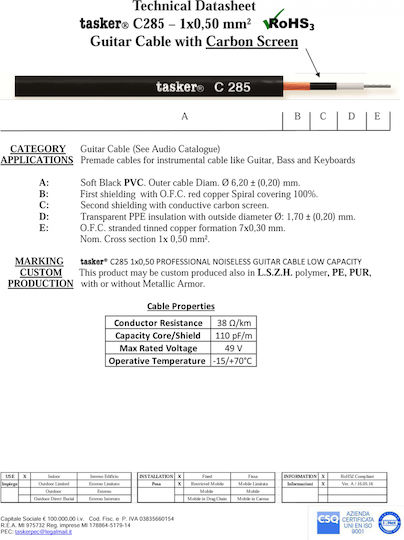 Tasker Cable 6.3mm male - 6.3mm male 6m (TKG126)