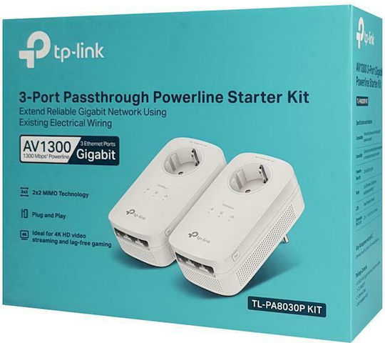 TP-LINK TL-PA8030P KIT v3 Powerline Double Wired with Passthrough Socket and 3 Ethernet Ports