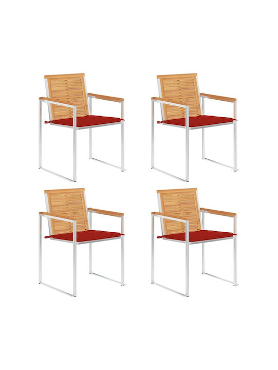 Scaun de exterior Lemn cu pernă Teak / Κόκκινο 4buc 60x56x85cm