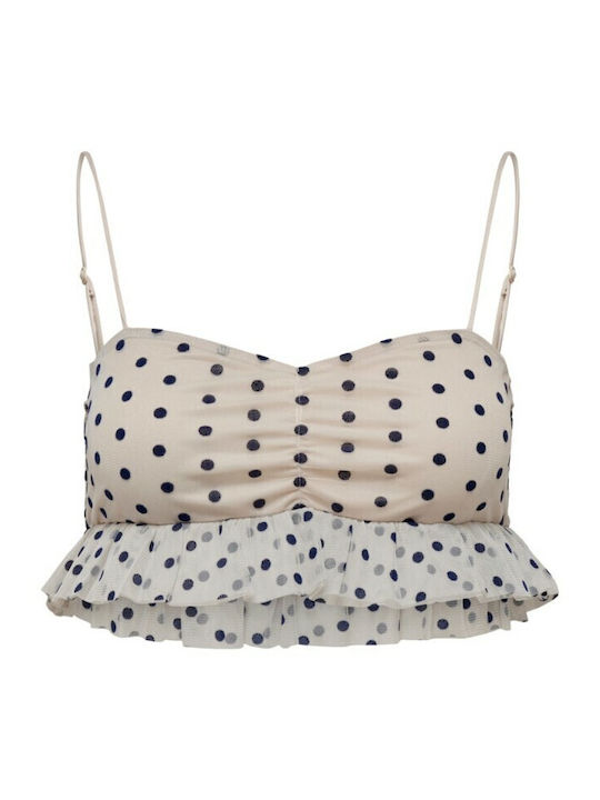 Ponera Women's Summer Crop Top with Straps Polka Dot Ecru