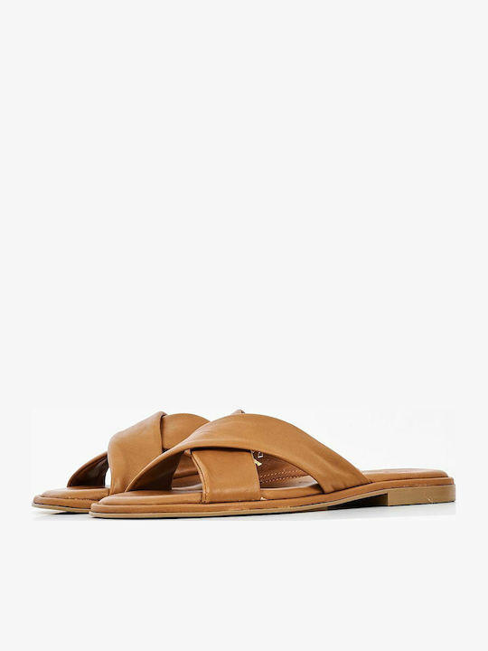 Leather Women's Flat Sandals in Tabac Brown Color