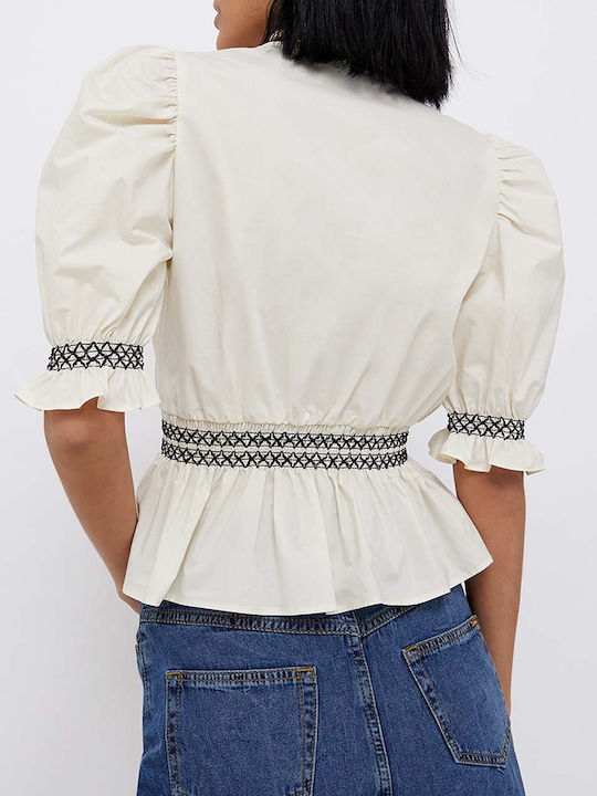 Liu Jo Damen Sommerliche Bluse Baumwoll Kurzärmelig mit V-Ausschnitt Weiß