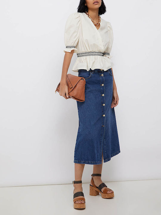 Women's Summer Blouse Cotton Short Sleeve with V Neckline White