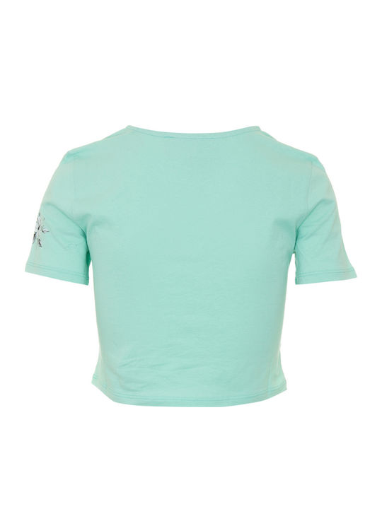 Flower Logo Γυναικείο Καλοκαιρινό Crop Top Βαμβακερό Κοντομάνικο Floral Pistachio
