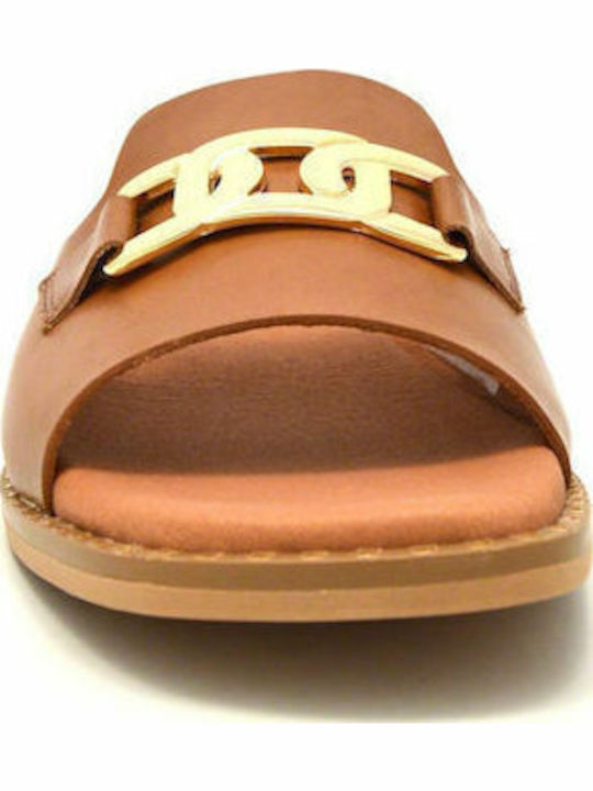 Leather Women's Flat Sandals in Tabac Brown Color