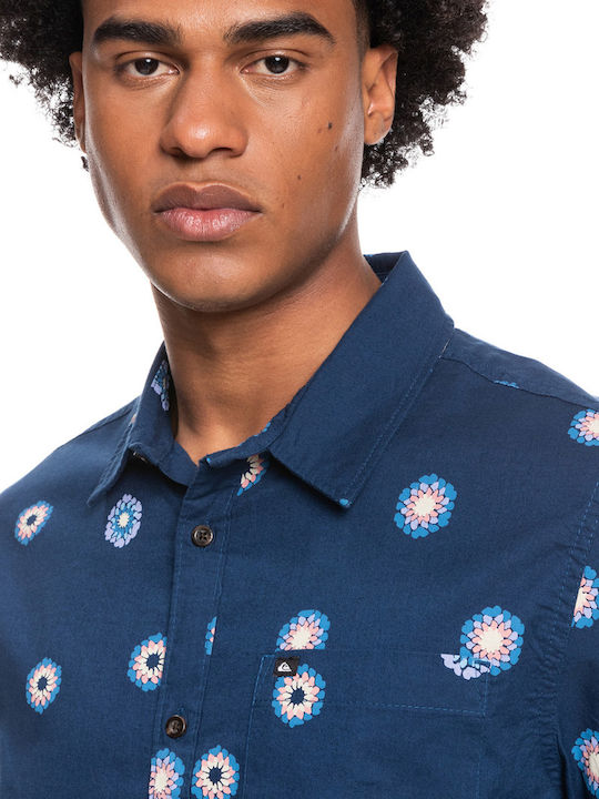 Cosmos Short Sleeve Cotton Shirt in Regular Fit Floral Navy Blue EQYWT04280 BSN6