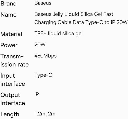 Baseus Jelly Liquid Silica Gel USB-C to Lightning Cable 20W Blue 1.2m (CAGD020003)
