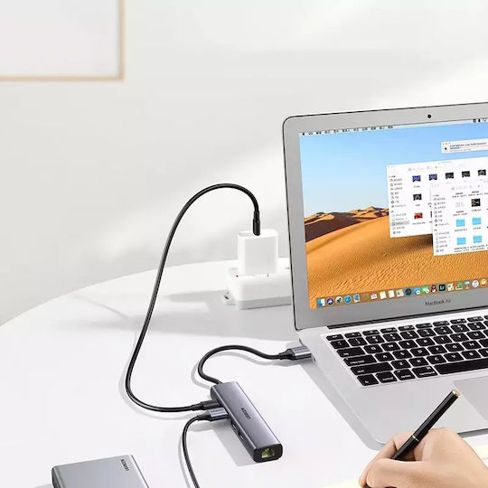 Ugreen CM475 USB-Hub mit 3 Anschlüssen USB 3.0 mit USB-C / Ethernet Grau