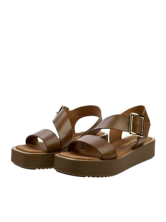 Leather Women's Flat Sandals Tabac Brown