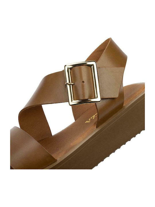 Leather Women's Flat Sandals Tabac Brown