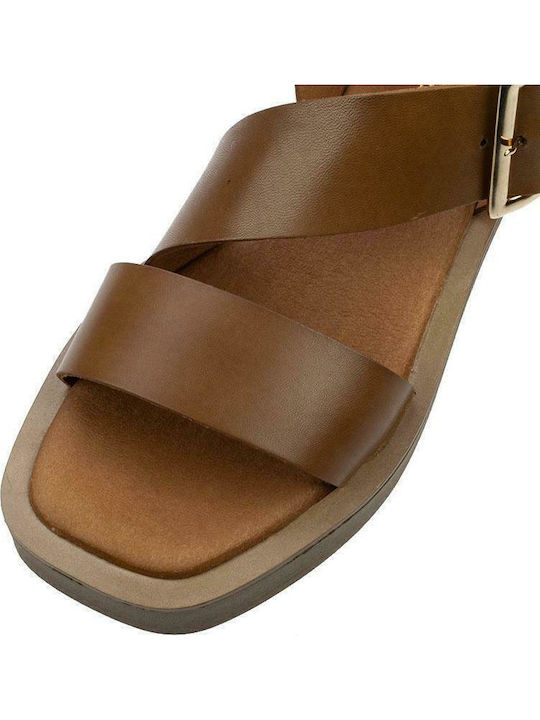 Leather Women's Flat Sandals Tabac Brown