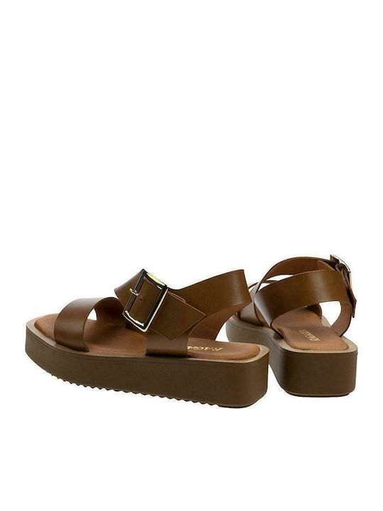 Leather Women's Flat Sandals Tabac Brown
