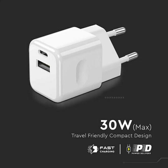 V-TAC Încărcător fără cablu cu port USB-A și port USB-C 30W Livrarea energiei Alb (VT-5330)