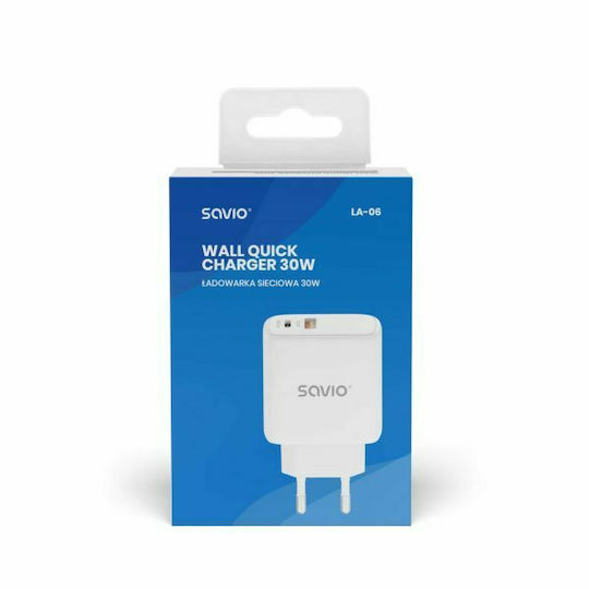 Savio Зарядно без кабел с USB-A порт и USB-C порт 30W Power Delivery / Quick Charge 3.0 Бял (LA-06)