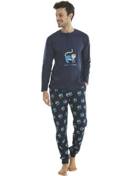 LV022 Men's Winter Cotton Pajamas Set Navy Blue