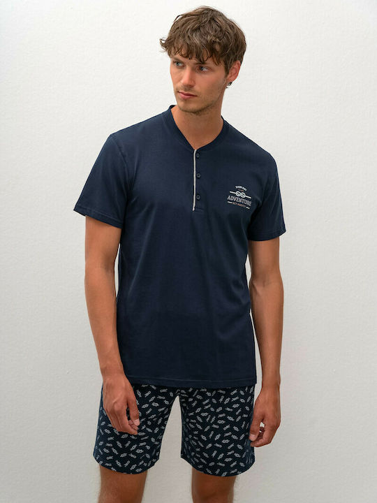 Vamp Men's Summer Cotton Pajamas Set Navy Blue