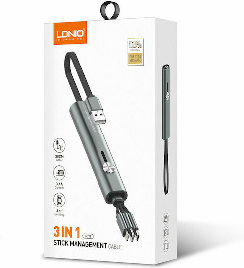 Ldnio Flat USB to Lightning / Type-C / micro USB Cable Γκρι 0.3m (LC99)