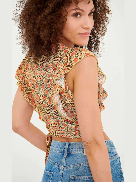 Γυναικείο Καλοκαιρινό Crop Top Αμάνικο με V Λαιμόκοψη Floral Dark Orange