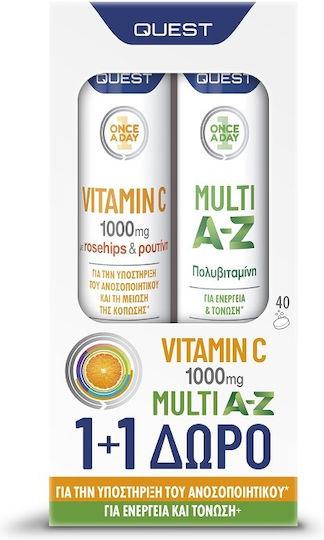 Quest Multi A-Z & Vitamin C 1000mg Πολυβιταμίνη για Ενέργεια & Ενίσχυση του Ανοσοποιητικού 1000mg Πορτοκάλι 2 x 20 αναβράζοντα δισκία