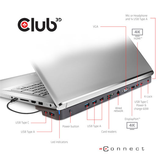 Club3D USB-C Docking Station with HDMI/DisplayPort 4K PD Ethernet and Support for 3 Monitors Black (CSV-1564W100)