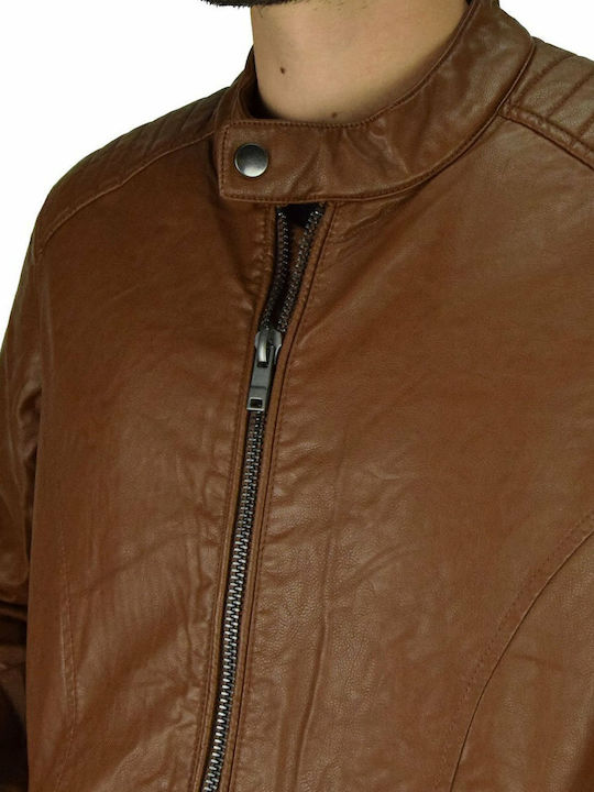 Faux Leather Jacket Biker Tabac Brown